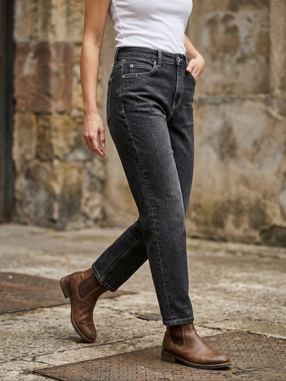 Women's Zara 4 Black Mom Fit Straight Leg Ankle-grazer Jeans - Picture 1 of 8